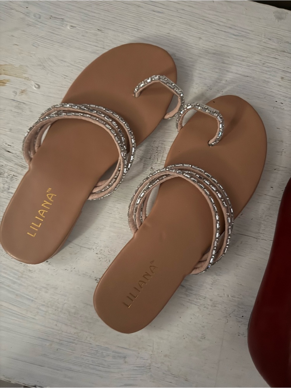 Liliana Tan Rhinestone Toe-Loop Slide Sandals - Picture 2 of 3